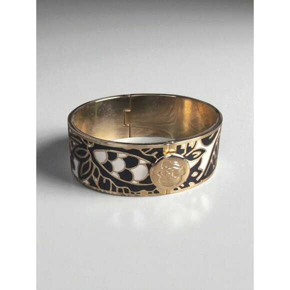 Spartina 449 Gold Tone Black & White Enamel Hinged Bangle Bracelet 2.3" Inside D - Picture 1 of 2